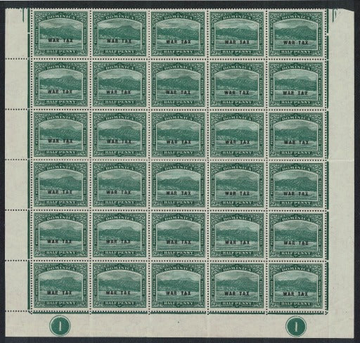 1918 Dominica War Tax  SG57 Lower half of sheet. Plate 1 U/M