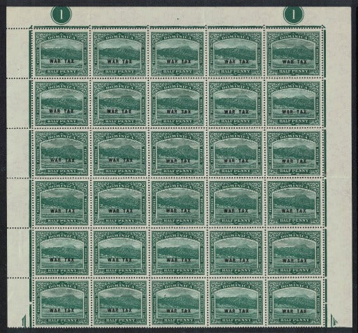 1918 Dominica War Tax  SG57 Upper half of sheet. Plate 1 U/M