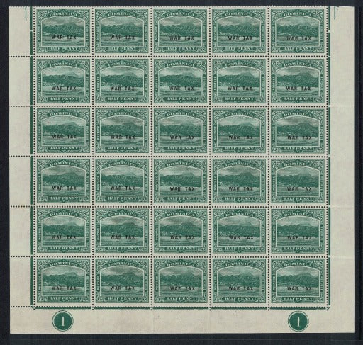 1918 Dominica War Tax  SG57 Lower half of sheet. Plate 1 U/M