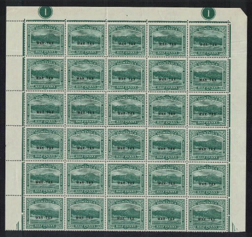 1918 Dominica War Tax  SG57 Upper half of sheet. Plate 1 U/M