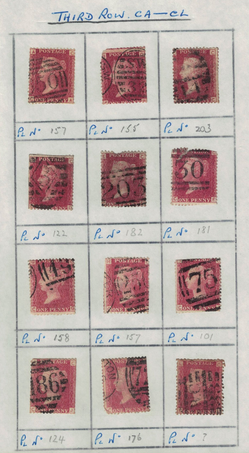 GB 1858 -79 SG43 Part Reconstruction ROW C. Different Plate Numbers. Mixed condition. Unchecked. 