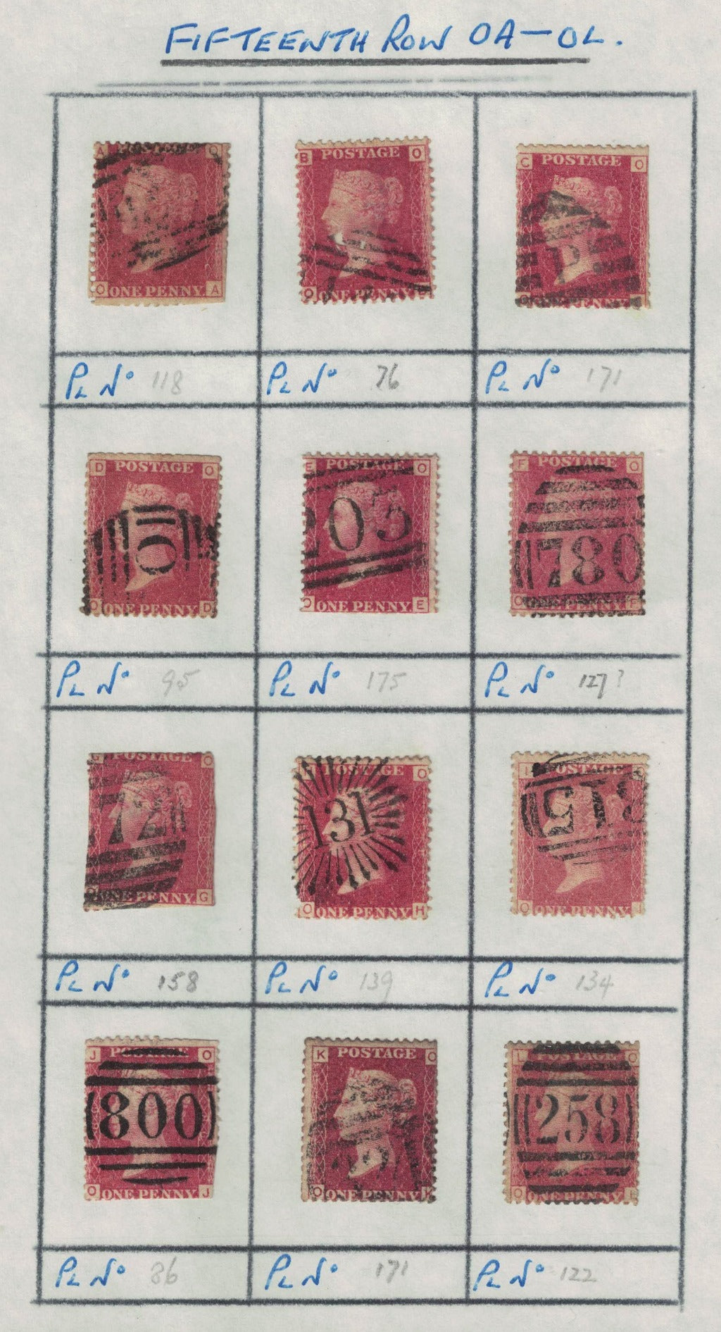 GB 1858 -79 SG43 Part Reconstruction ROW O. Different Plate Numbers. Mixed condition. Unchecked