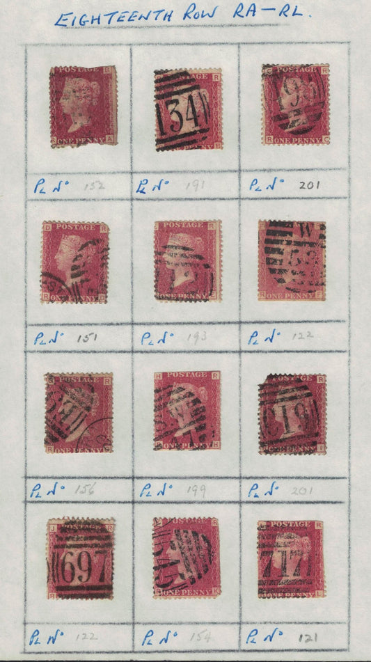 GB 1858 -79 SG43 Part Reconstruction ROW R. Different Plate Numbers. Mixed condition. Unchecked. 