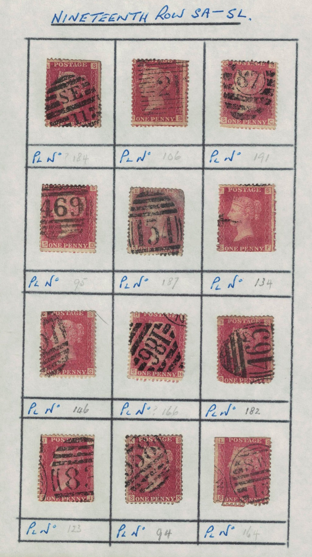 GB 1858 -79 SG43 Part Reconstruction ROW S. Different Plate Numbers. Mixed condition. Unchecked. 