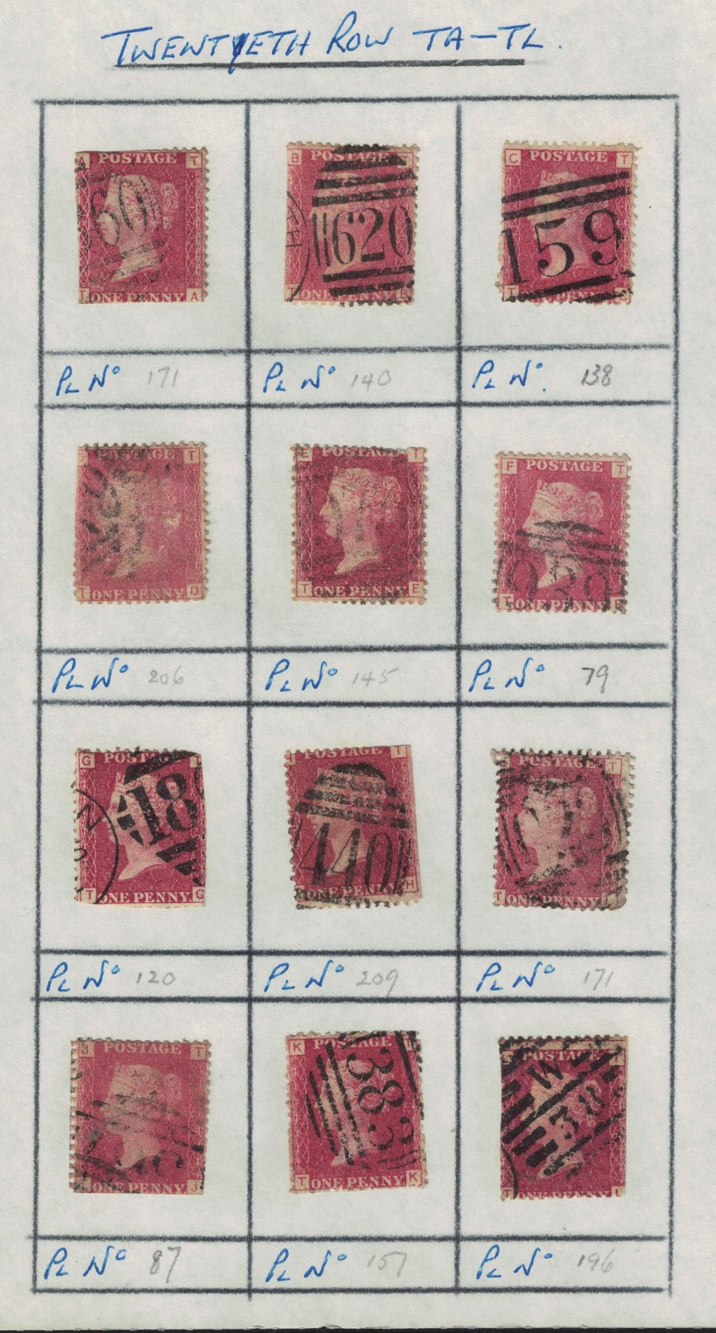 GB 1858 -79 SG43 Part Reconstruction ROW T. Different Plate Numbers. Mixed condition. Unchecked. 