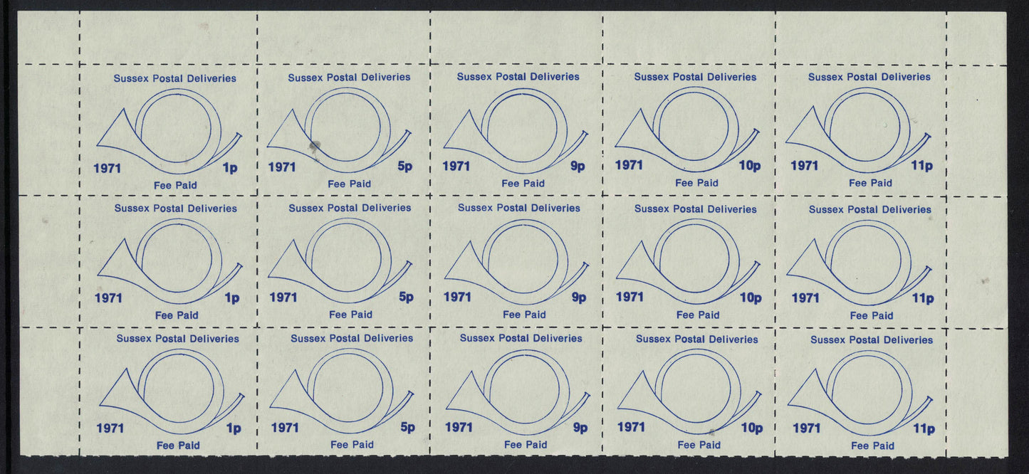 GB 1971 Sussex Strike Mail Part Sheet 1, 5, 9, 10 & 11p Se-tenant U/M