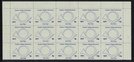 GB 1971 Sussex Strike Mail Part Sheet 1, 5, 9, 10 & 11p Se-tenant U/M