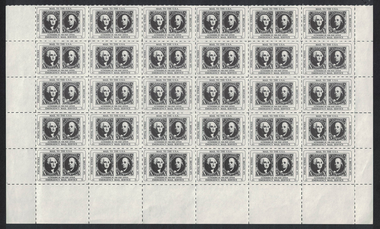 GB 1971 5/- UK - USA Private/Strike Mail Part Sheet of 30 U/M