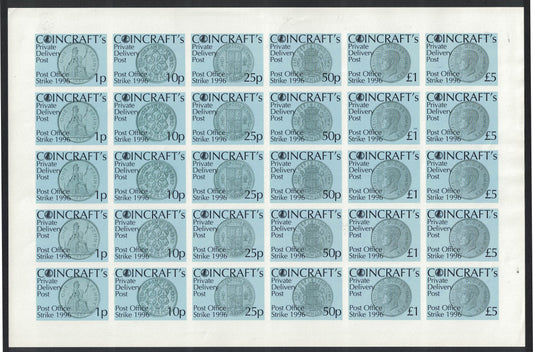 GB 1996 Strike Mail Full Sheet of 30 Coincraft Se-tenant to £5 IMPERF