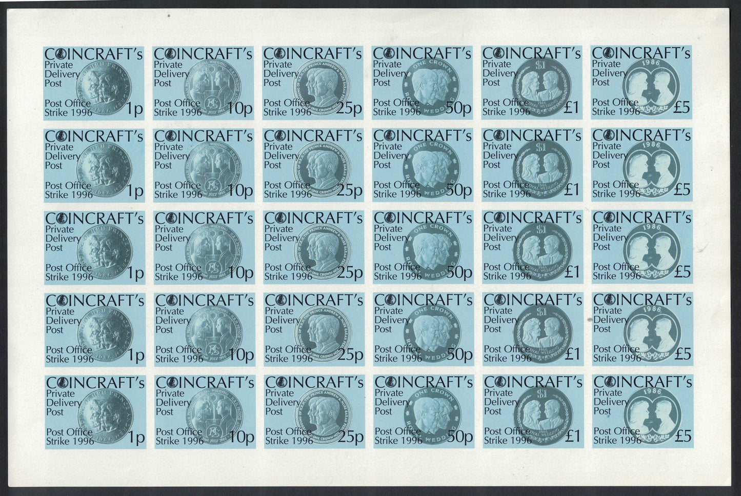 GB 1996 Strike Mail Full Sheet of 30 Coincraft Se-tenant to £5 IMPERF