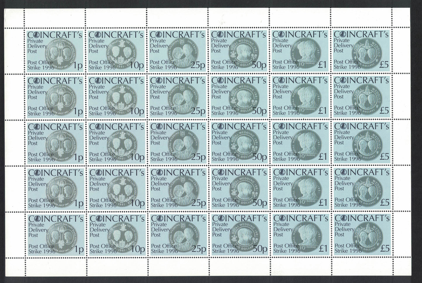 GB 1996 Strike Mail Full Sheet of 30 Coincraft Se-tenant to £5 Unmounted