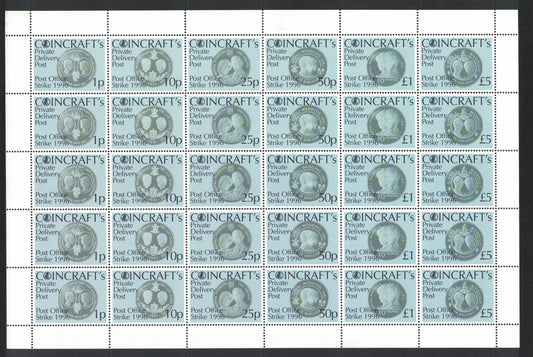 GB 1996 Strike Mail Full Sheet of 30 Coincraft Se-tenant to £5 Unmounted