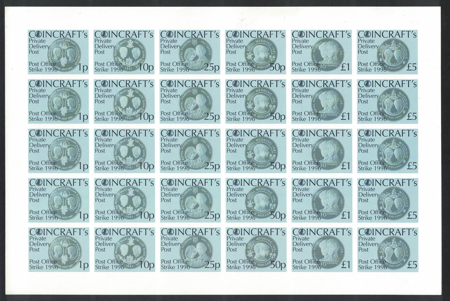 GB 1996 Strike Mail Full Sheet of 30 Coincraft Se-tenant to £5 IMPERF