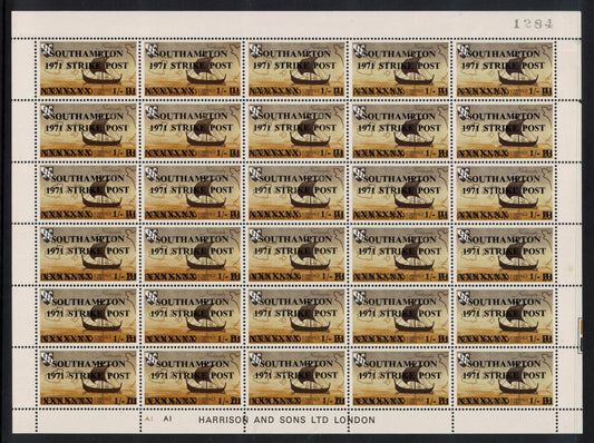 GB 1971 Southampton Full Sheet of 1/- Strike Mail on Herm Island. U/M . Printed by Harrison & Sons