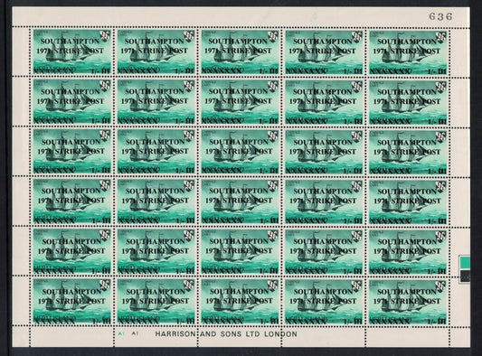 GB 1971 Southampton Full Sheet of 1/- Azure Strike Mail on Herm Island Stamps U/M