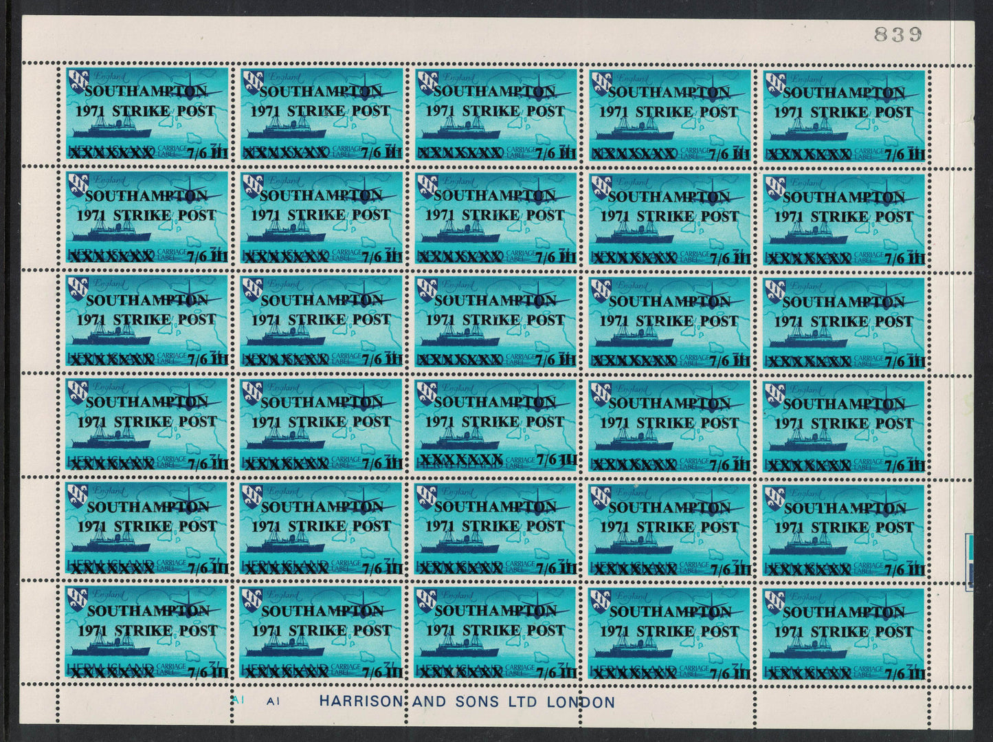 GB 1971 Southampton Full Sheet of 7/6 Azure Strike Mail on Herm Island Stamps U/M