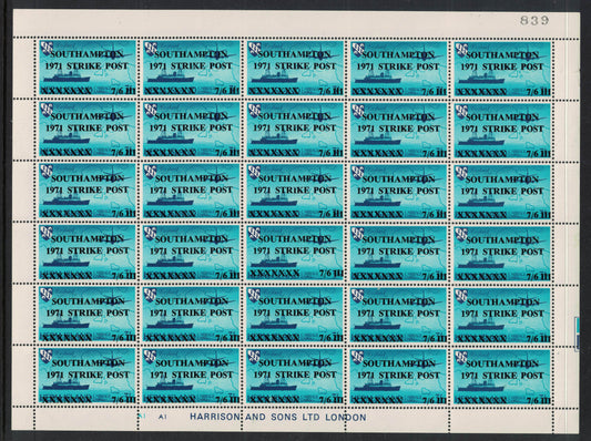 GB 1971 Southampton Full Sheet of 7/6 Azure Strike Mail on Herm Island Stamps U/M