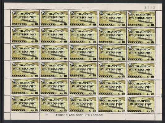 GB 1971 Southampton Full Sheet of 6/- Olive Strike Mail on Herm Island Stamps U/M