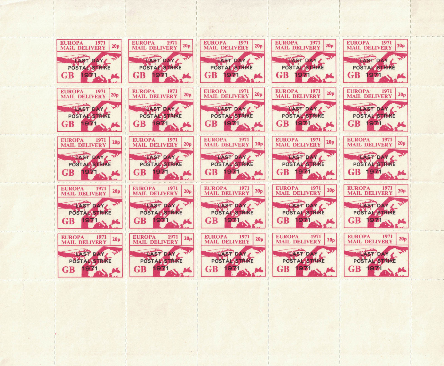 GB 1971 Europa 20p Last Day of Strike Mail Full Sheet of 25 U/M