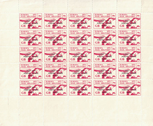 GB 1971 Europa 20p Last Day of Strike Mail Full Sheet of 25 U/M