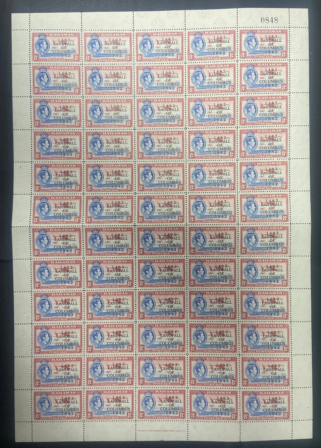 1942 Bahamas Landfall of Columbus Overprint 8d SG170 FULL SHEET U/M