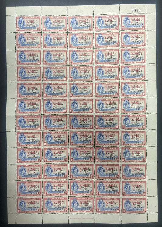1942 Bahamas Landfall of Columbus Overprint 8d SG170 FULL SHEET U/M