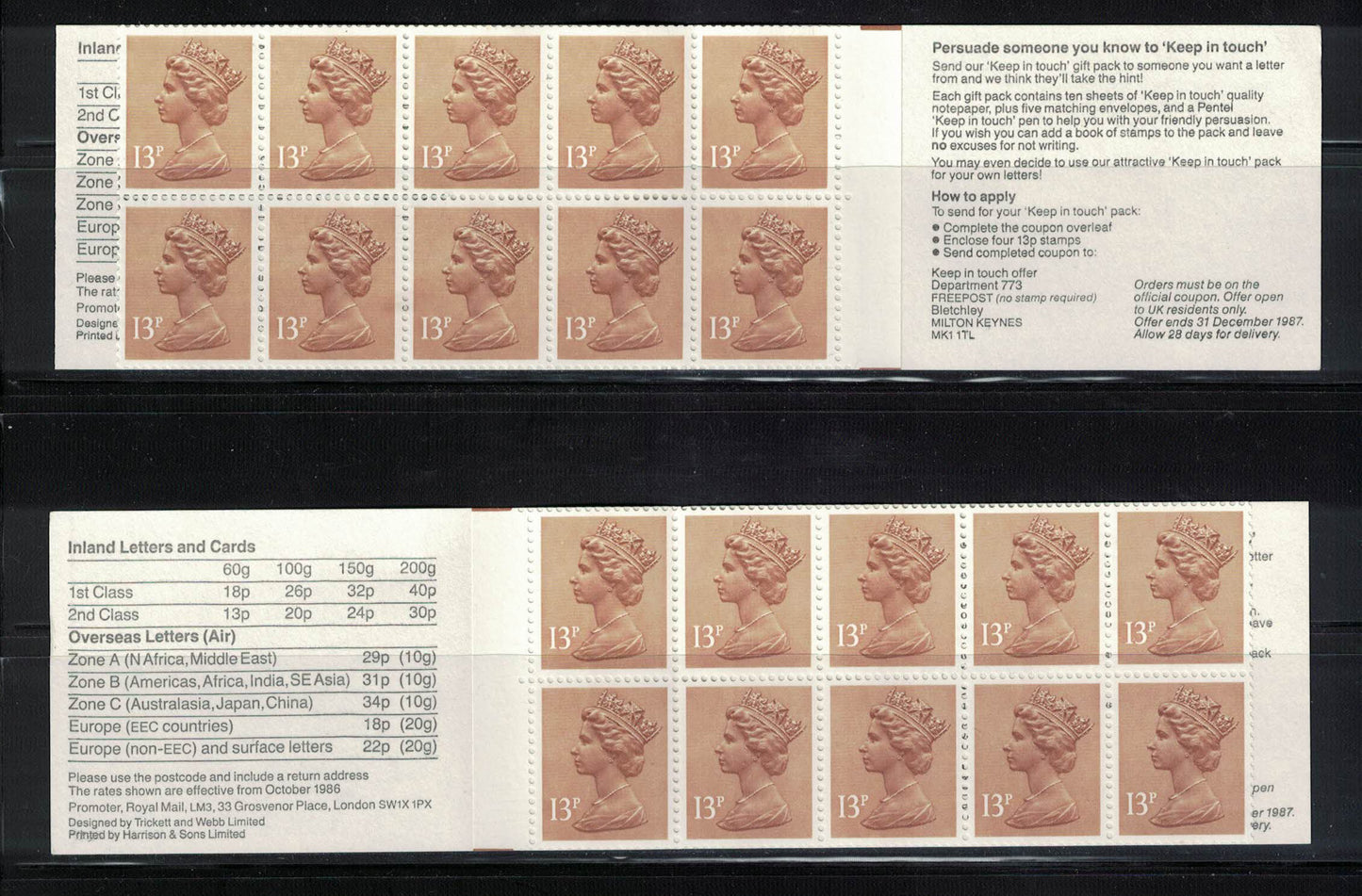 GB 1987 £1.30 "Keep in Touch" Booklet FL8A & FL8B U/M Good Perfs